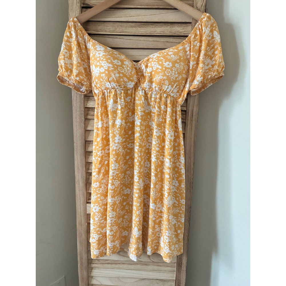 Almost Babydoll Cottagecore Mustard Yellow Floral  Mini Dress Sweetheart Neck M